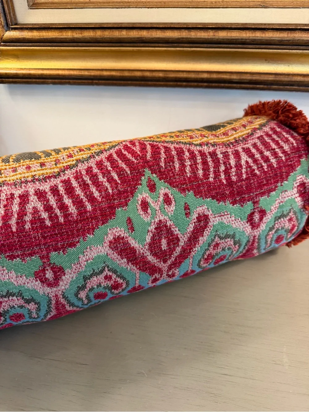 Ikat Pattern Bolster Pillow Fringe Decorative Bohemian Vibrant Burgundy Lumbar